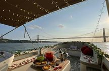 Romantic sunset dinner with sparkling wine and chocolate fondue