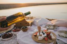 Romantic sunset dinner with sparkling wine and chocolate fondue