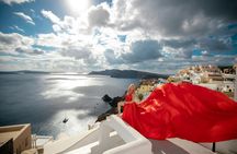 Santorini flying dress photoshoot with caldera and Oia views