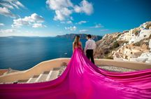 Santorini flying dress photoshoot with caldera and Oia views