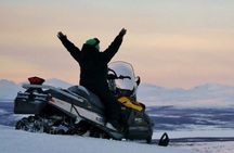 Snowmobiles and huskies in Lapland