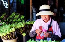 Sunrise blessing walk towards famous temple with fruit and flower donation 