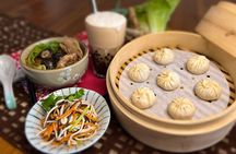 Xiao Long Bao, Chicken vermicelli with mushroom and sesame oil, Tofu strips salad, Bubble milk tea. Taiwan Traditional Delicacies Experience-A (Taipei Cooking Class)