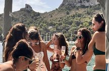 Catamaran tour stops bathing and snorkeling toast with prosecco