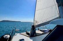 Catamaran tour stops bathing and snorkeling toast with prosecco