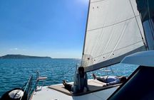 Catamaran tour stops bathing and snorkeling toast with prosecco
