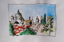 Sketching of the view over Rome from Pincio terrace with Guido