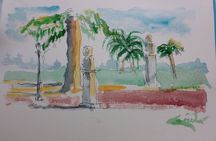 Sketching of the view over Rome from Pincio terrace with Guido
