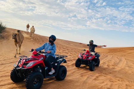 Double quad ride in Dubai Desert with sandboarding, camel ride and BBQ