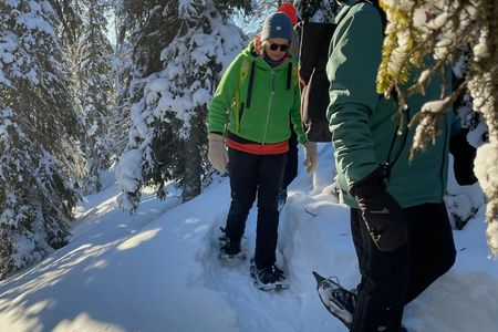 Soft snowshoe hike in the snowy landscape with local guide