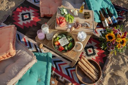 Greek meze picnic on a Mykonos beach