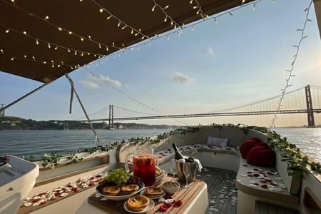 Romantic sunset dinner with sparkling wine and chocolate fondue