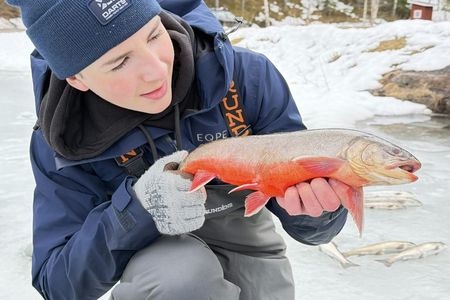 Ice fishing on frozen water with local guide