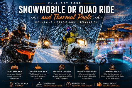 Snowmobile or quad ride and thermal pools day trip from Kraków