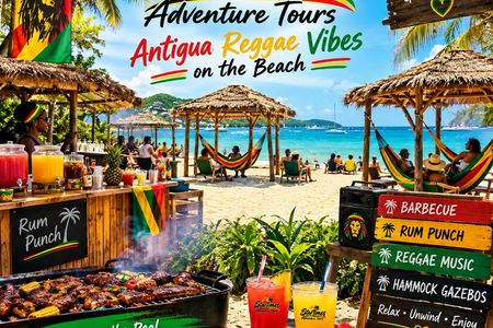 Reggae vibes on the beach with BBQ, rum punch and hammocks in Antigua