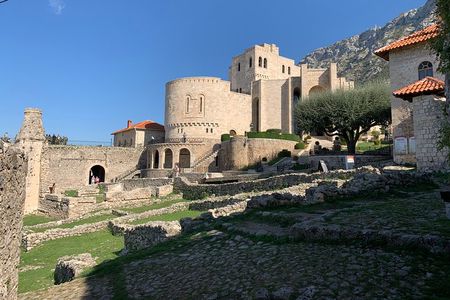 Bovilla Lake, Gamti Mountain, and Kruja Fortress. 