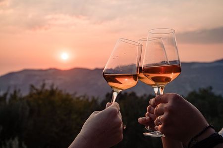 Sunset wine tasting in vineyard