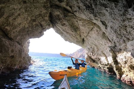 Santorini Sea Caves Kayak Trip with Snorkeling & Picnic