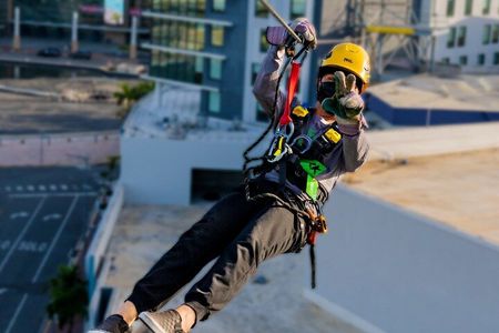 Zipline Sky Bull in Urban Environment in Toroverde urban park San Juan