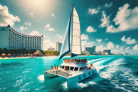 Top Isla Mujeres Catamaran Tour with Snorkel Open Bar and Buffet lunch