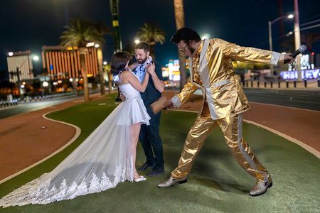 Gold Elvis Wedding or Vow Renewal at Las Vegas Sign