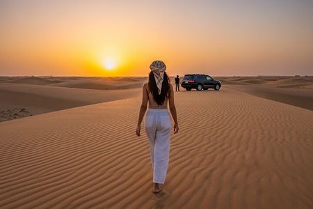 Dubai Sunset Desert Safari, sandboarding & camels with transfers