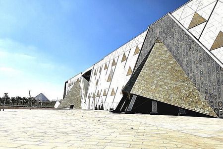 Grand Egyptian Museum and Giza Pyramids at West Giza