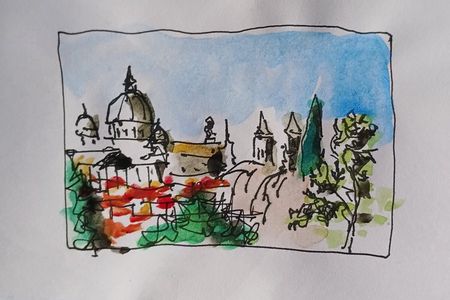 Sketching of the view over Rome from Pincio terrace with Guido