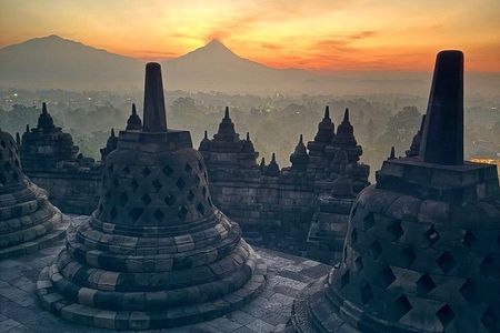 Borobudur Sunrise from Setumbu Hill Merapi Volcano and Prambanan
