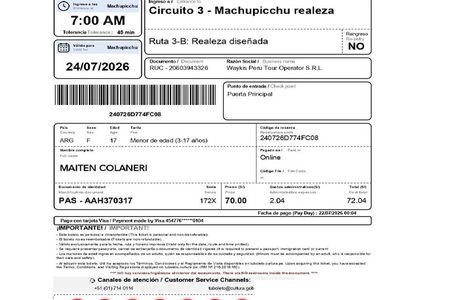 Ticket to Machupicchu