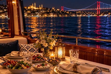 Stage Front Bosphorus Dinner Cruise with Pickup & Drinks included