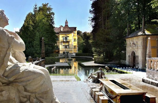 Boat trip to Hellbrunn Palace with trick fountain and London double-decker bus