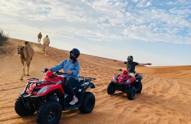 Double quad ride in Dubai Desert with sandboarding, camel ride and BBQ