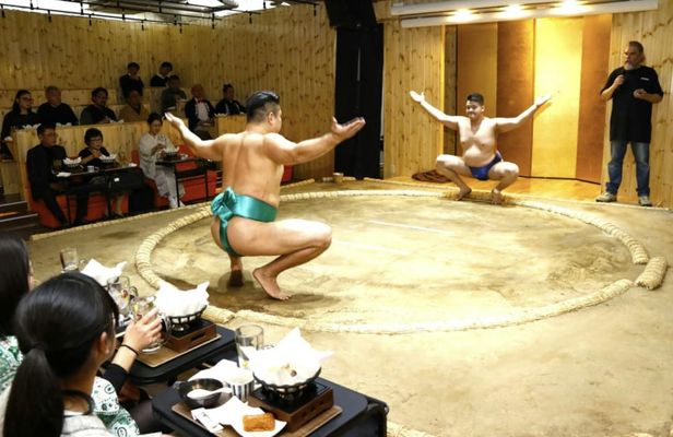 Sumo show experience with chicken hot pot and souvenirs in Tokyo