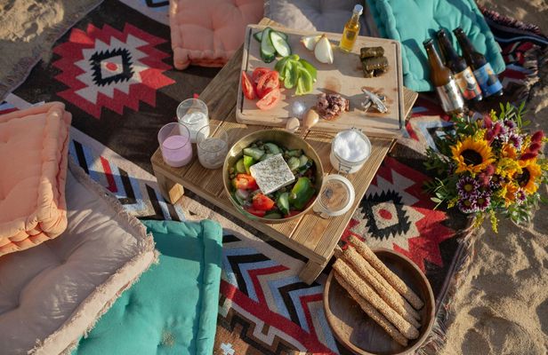 Greek meze picnic on a Mykonos beach