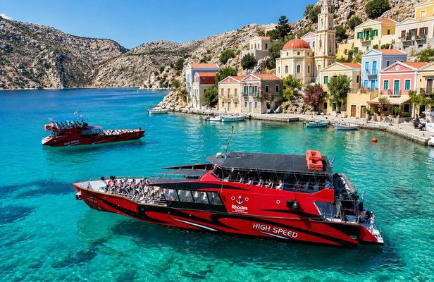 Chalki Island and Alimia Beach boat cruise from Rhodes