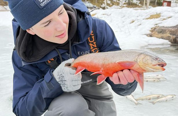 Ice fishing on frozen water with local guide