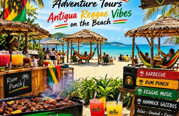 Reggae vibes on the beach with BBQ, rum punch and hammocks in Antigua