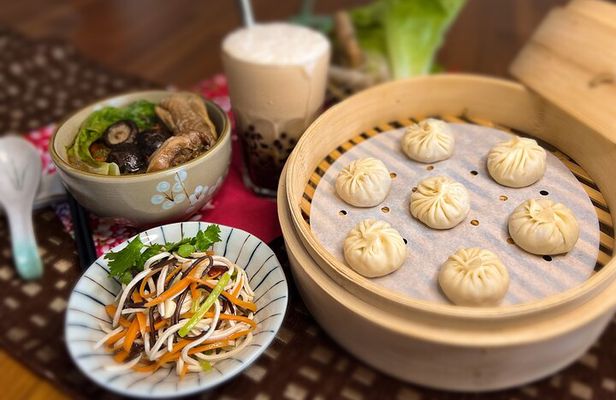 Xiao Long Bao, Chicken vermicelli with mushroom and sesame oil, Tofu strips salad, Bubble milk tea. Taiwan Traditional Delicacies Experience-A (Taipei Cooking Class)