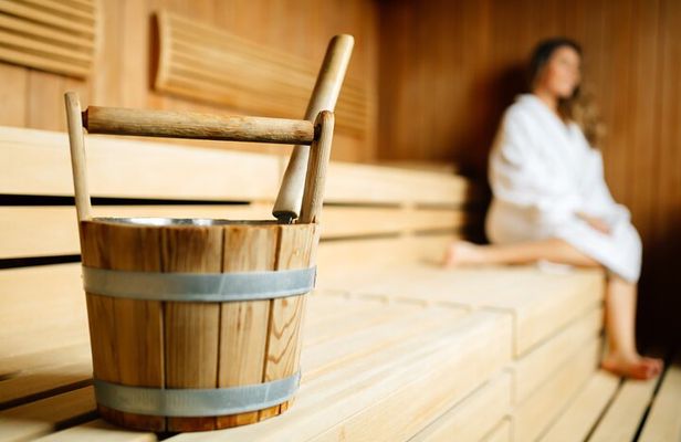 Private Eco Wood Burning Sauna Bathing including Massage with Eucalyptus Leaves