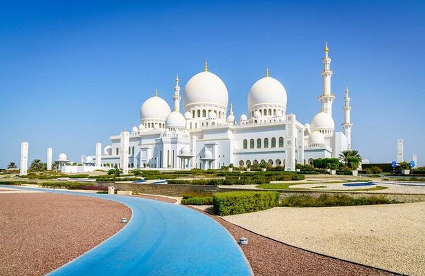 Sheikh Zayed Grand Mosque with Ferrari World from Dubai