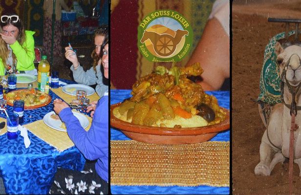 Camel riding in Agadir and couscous dish with Hotel Transfers