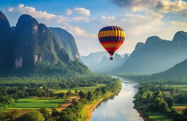 Vang vieng Shared Tour:Longtail boat,Hot Air Balloon,pick-up
