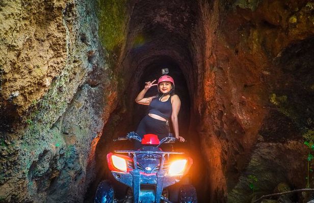ATV Quad Bike Kuber Through Waterfall, Tunnel And Rice Field