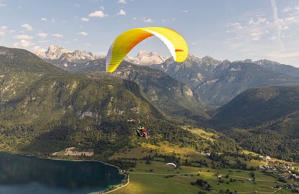 Tandem Paragliding Flight Above Lake Bohinj in Julian Alps