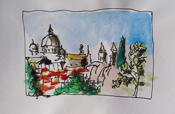 Sketching of the view over Rome from Pincio terrace with Guido