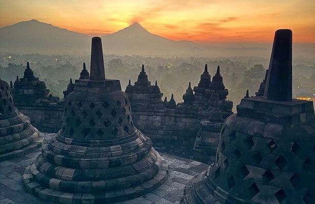 Borobudur Sunrise from Setumbu Hill Merapi Volcano and Prambanan