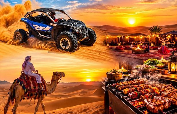 Evening Desert Safari with Dune Buggy, BBQ Dinner & Camel Ride